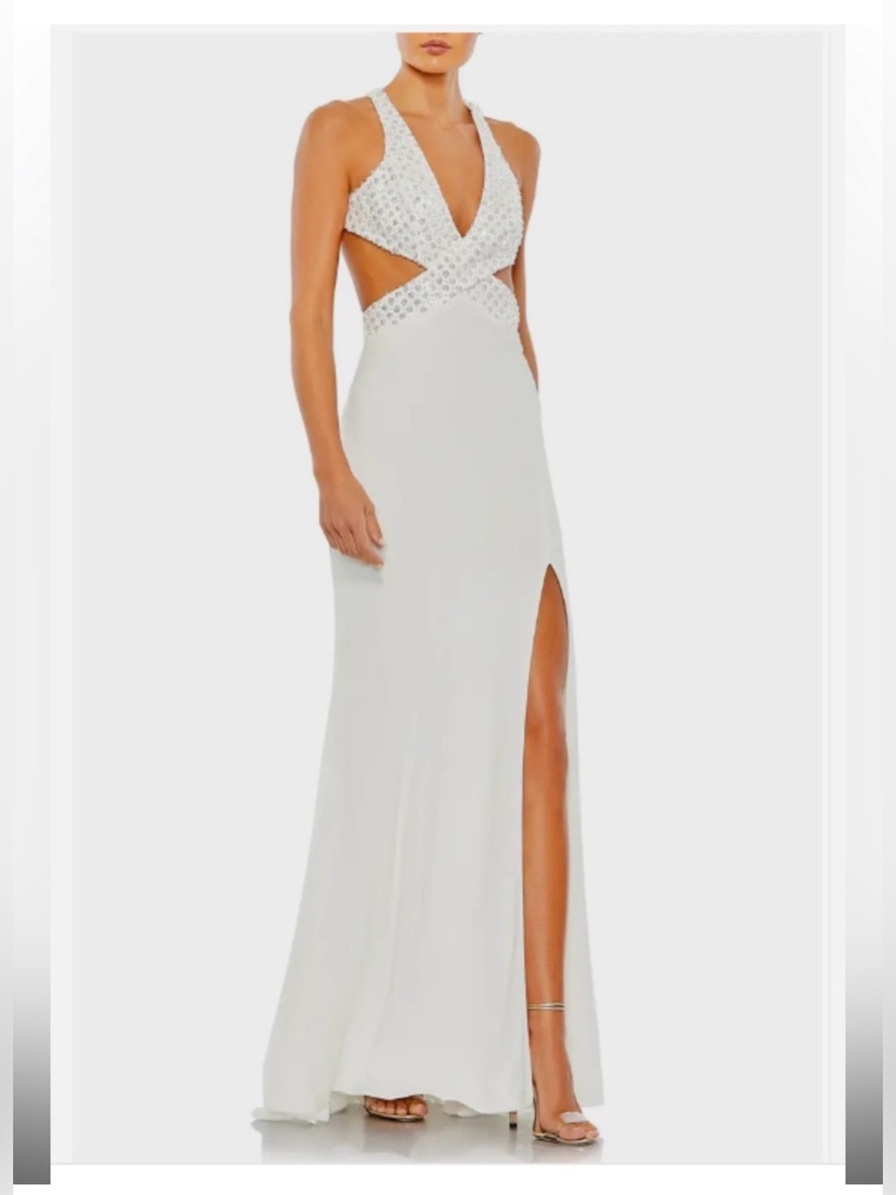 New Mac Duggal Women Floral Sequined White Beaded Cutout Maxi Gown Thigh Slit